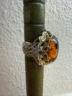 Vintage Reverse Carved Baltic Amber Floral Stone Sterling Silver Ring